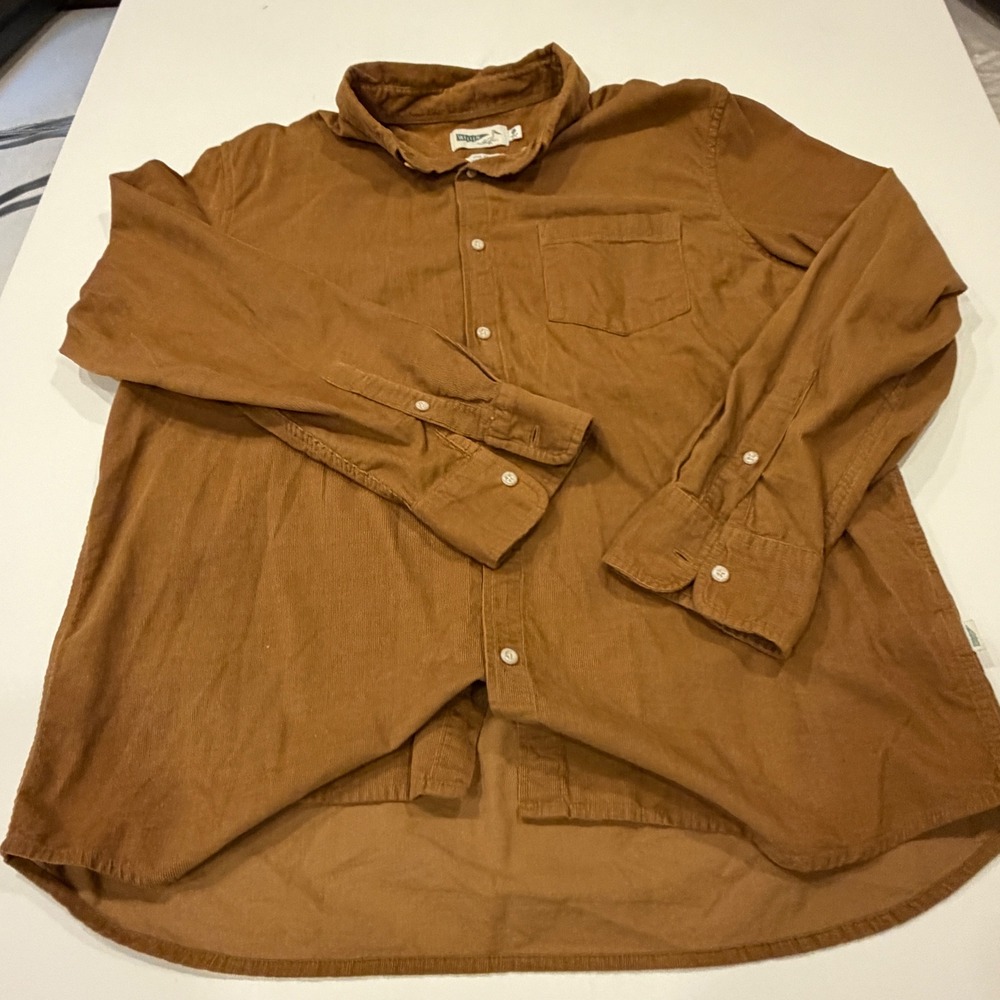 Wellen Mens XL Slim Fit Corduroy Button Down Shirt Organic Cotton Tobacco Brown